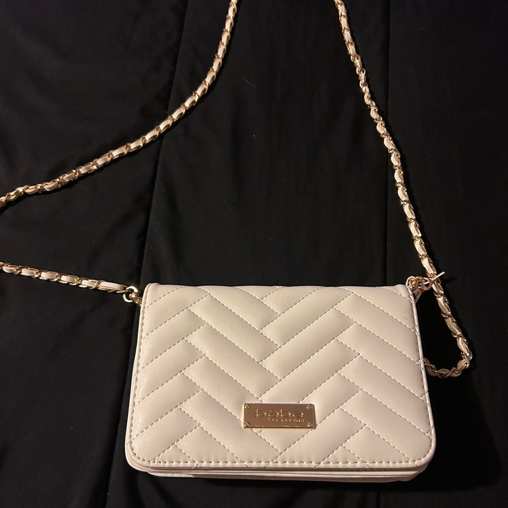 White Quilted Small Purse with Gold and White Strap